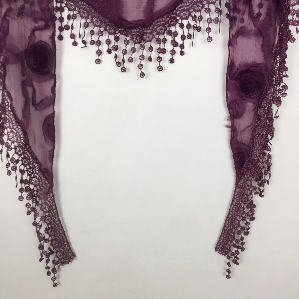 Victorian Chiffon Triangle Shawl Scarf Purple Floral Crochet Fringe Trim Sheer
